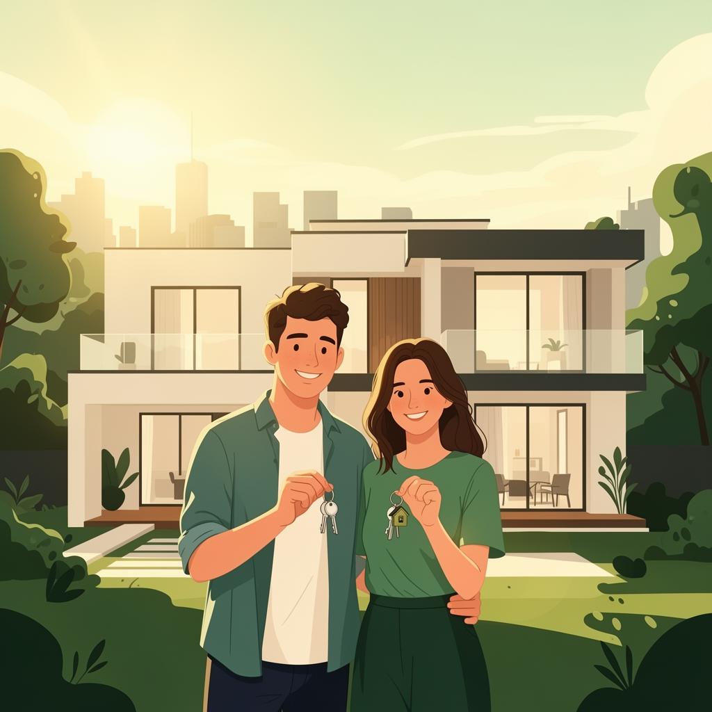 A young Australian couple holding house keys in front of their first home